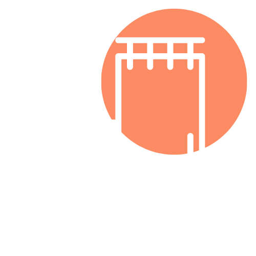 White line drawing of a bathroom with a bathtub, a toilet, a towel rack, and a shower curtain in front of an orange circle.